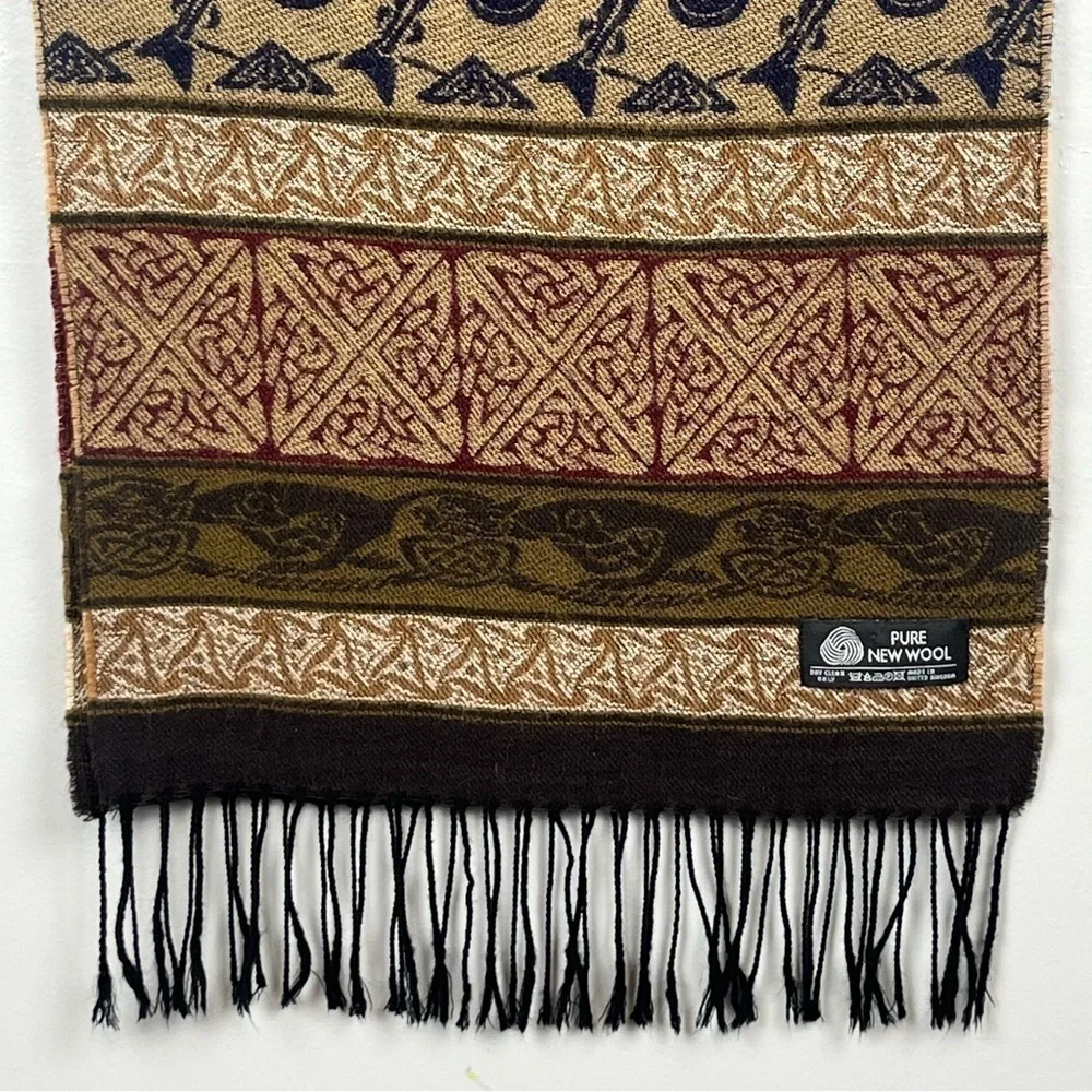 Pure New Wool Celtic sea creatures fringed scarf, brown tones, made in the UK.